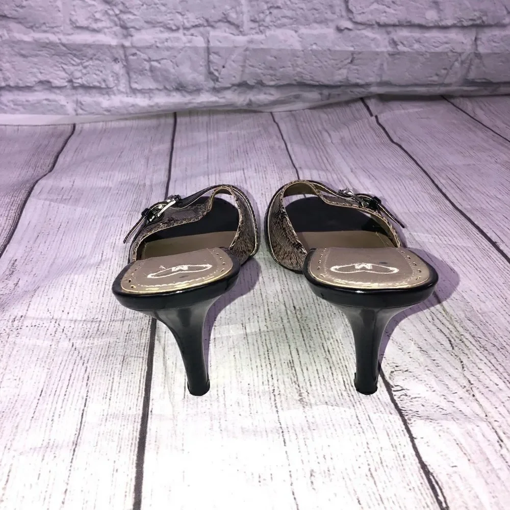 Madeline open toe Heeled pumps black tan size 8.5